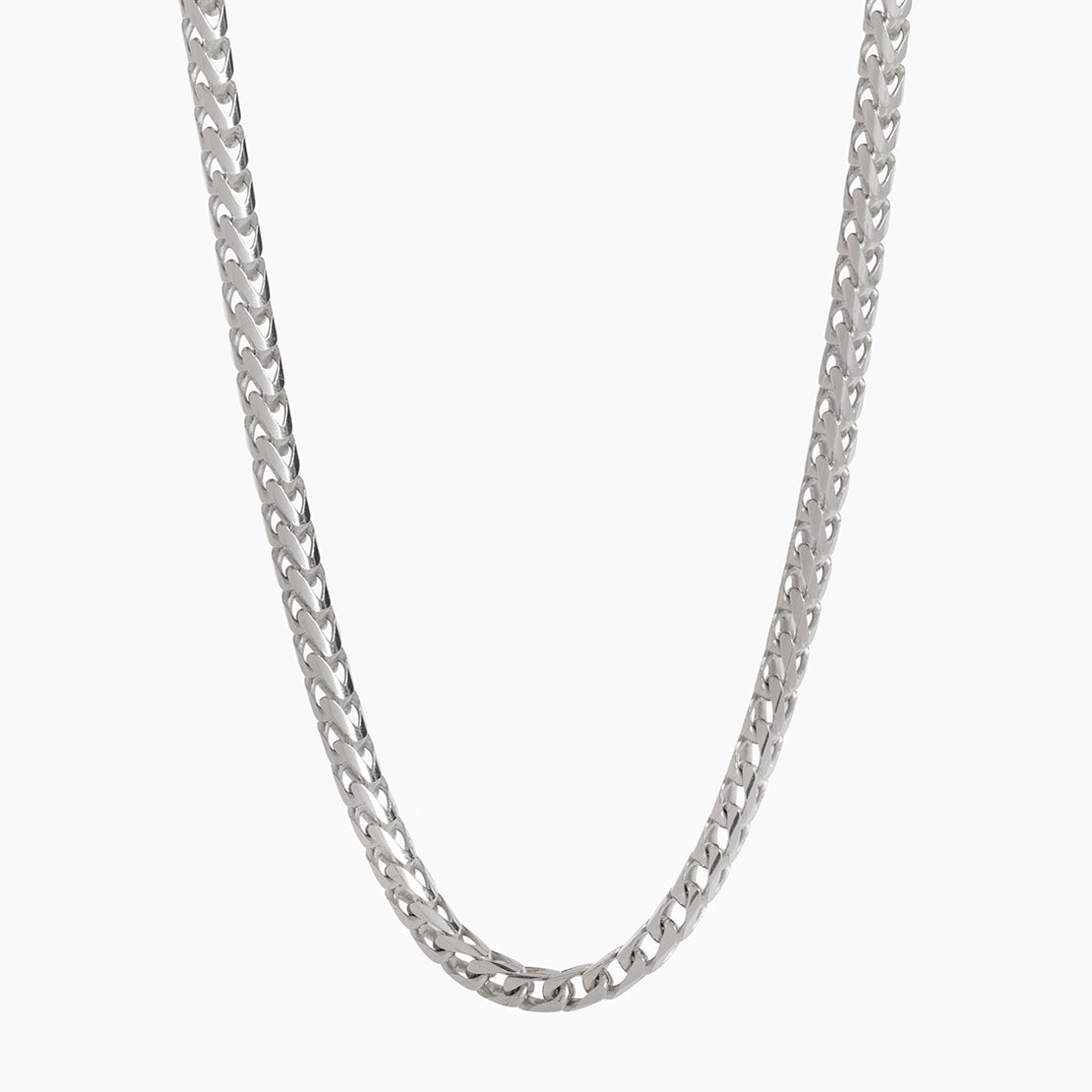 a 3mm silver franco chain hanging over a white surface