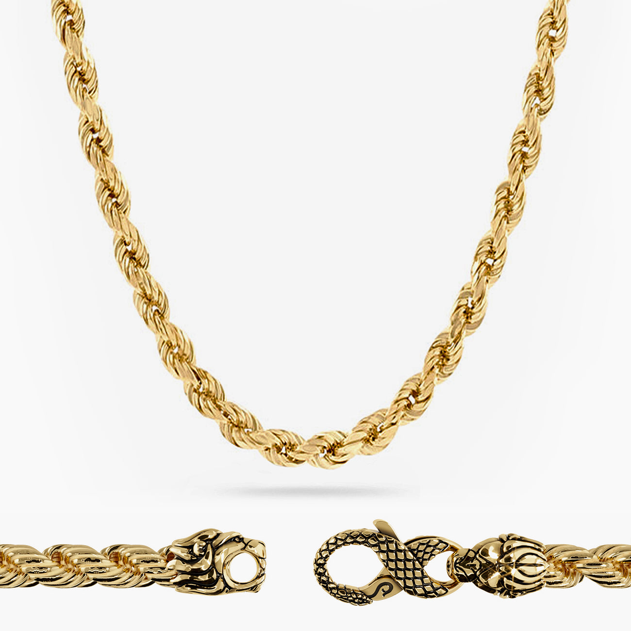 4mm gold diamond cut rope chain with lion and snake clasp