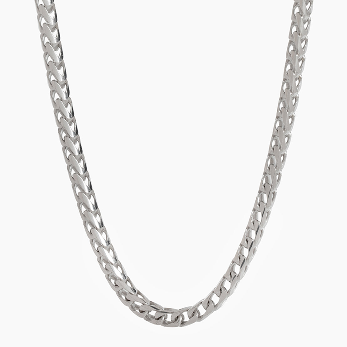 a 5mm silver franco chain hanging over a white surface