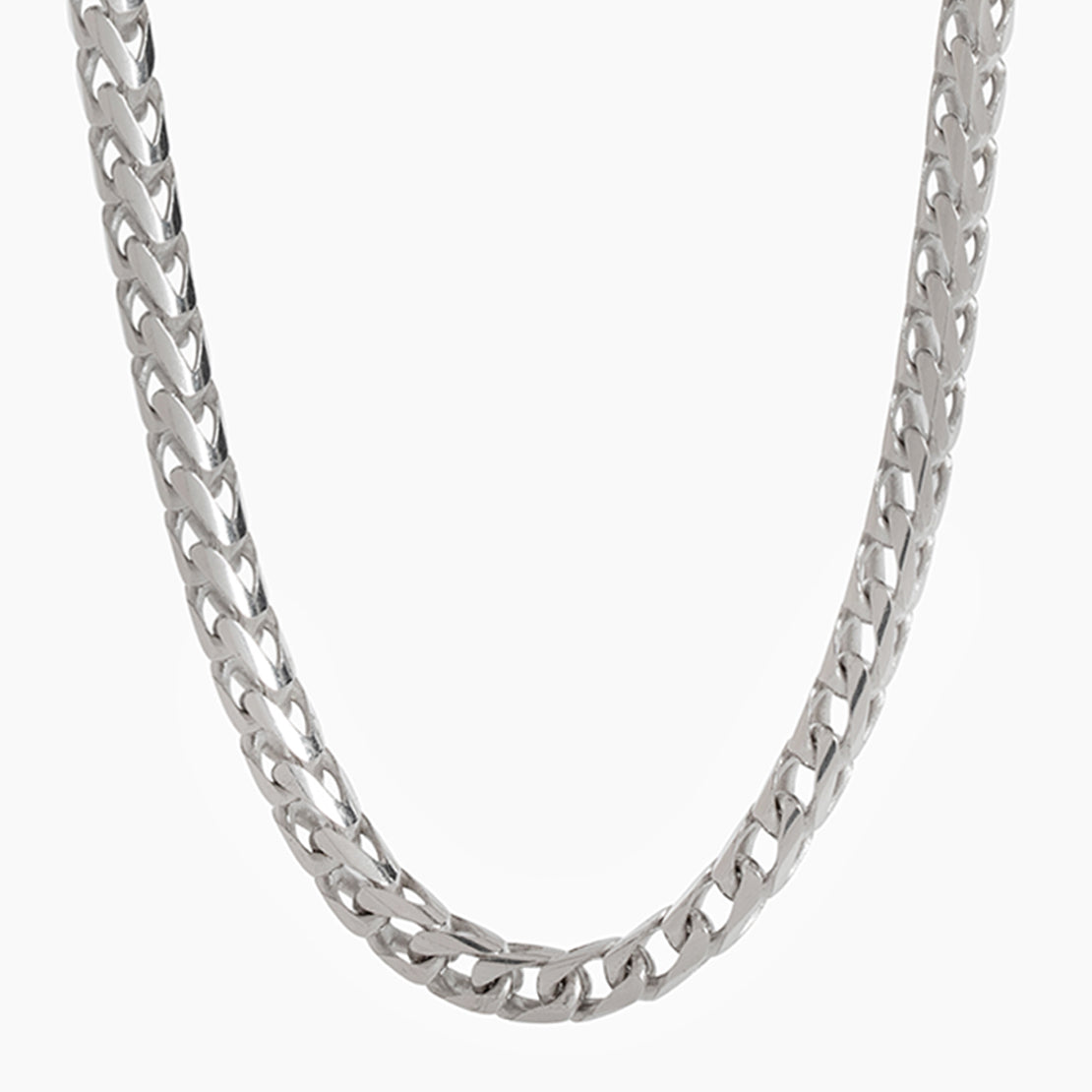 a 7mm silver franco chain hanging over a white surface