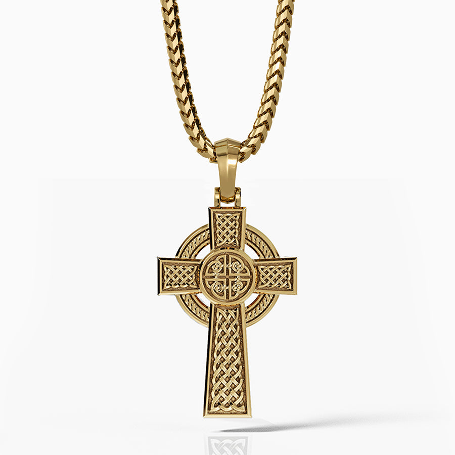 a mens Celtic gold cross necklace with weaving patterns hangs from a chain