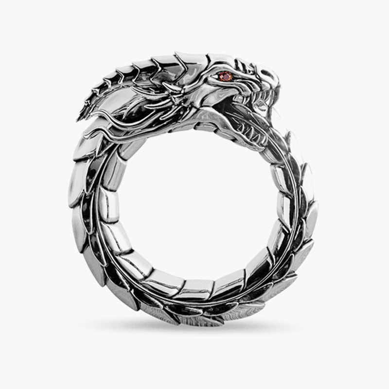 Dragon, Silver Ring with Red Garnet Eyes