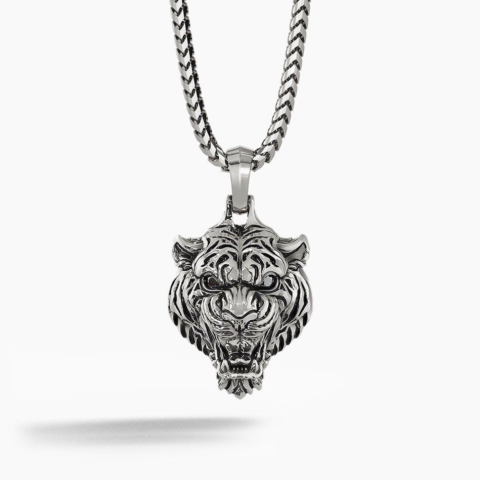 Silver Tiger Pendant with Black Diamond eyes