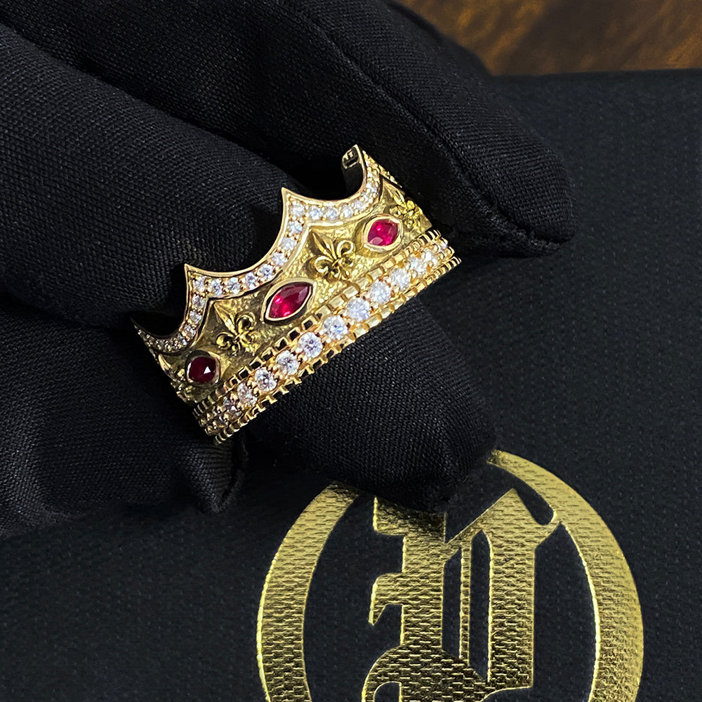 this mens 14k gold ring is a crown with diamonds and rubies