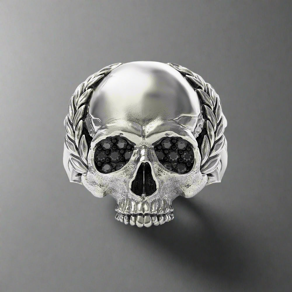 silver skull ring with black diamonds