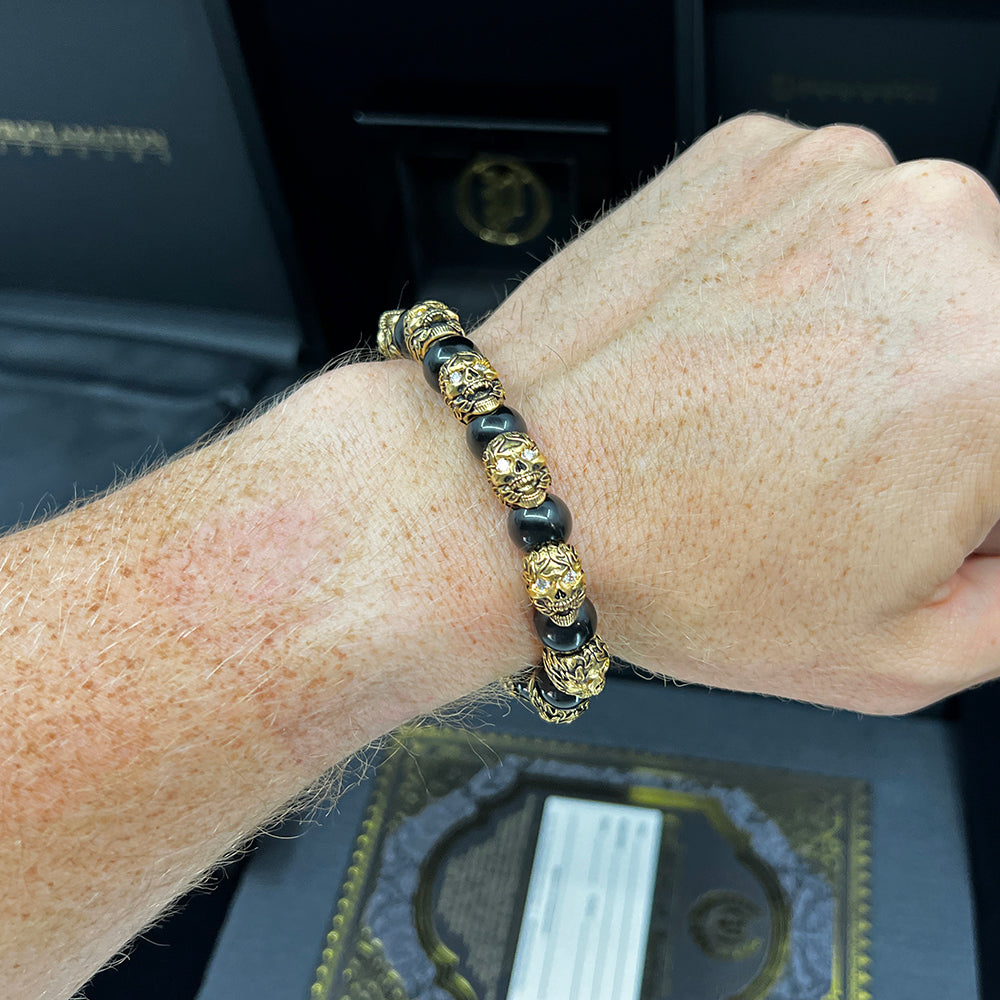 beaded skull bracelet on man's wrist